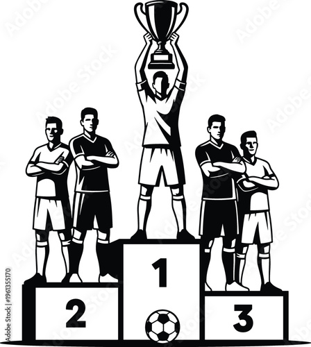 Black and white of soccer players on podium with trophy and ball sports