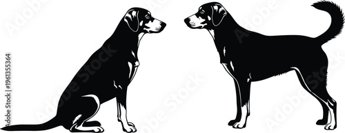 Black and white of two dogs facing each other sitting dog standing dog