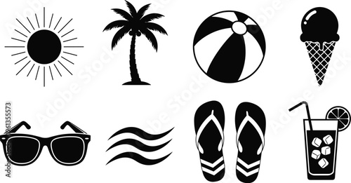 Black and white summer including sun palm tree beach ball ice cream sunglasses waves flip flops and drink