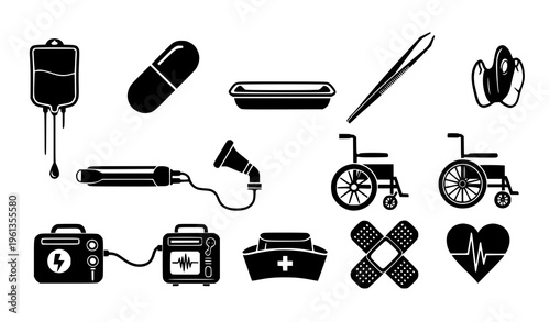 Minimalist vector set of black and white medical symbols and equipment silhouettes for hospitals