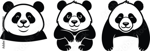 Black and white panda bear faces and one full body smiling cute