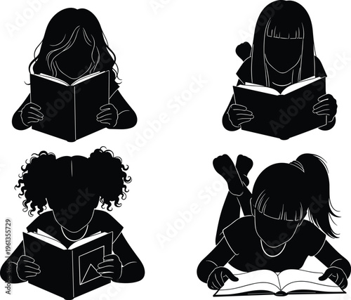 Black silhouettes of girls reading books in different positions