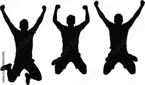 Black silhouettes of three men jumping with arms raised fists clenched