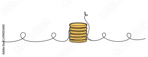 Stack of coins resting on continuous line white background. no editable strokes