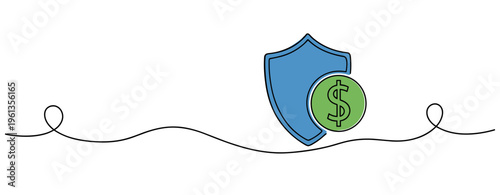 Shield protecting dollar coin on continuous line background. no editable strokes