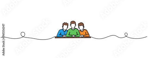 Three people seated together collaborating at table on white background. no editable strokes