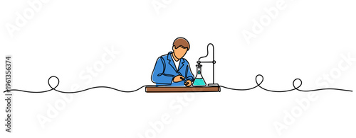 Scientist conducting experiment at laboratory bench with glassware. no editable strokes