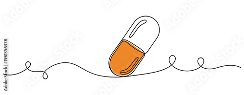 Orange capsule pill tilted on continuous line surface. no editable strokes