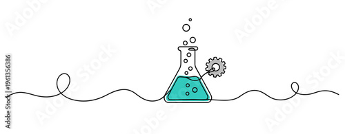 Laboratory flask bubbling with gear symbol on line. no editable strokes
