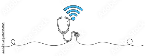 Stethoscope emitting wireless signal over simple white line. no editable strokes