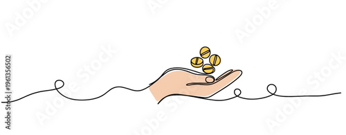 Hand holding coins in continuous line illustration. no editable strokes