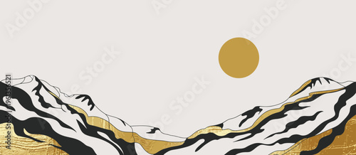 Mountain Landscape Vector Background with Black and White Mountains, Gold Accent Ridge and Clouds in Monochrome and Gold, Luxury Design for Poster, Wallpaper, Banner and Print