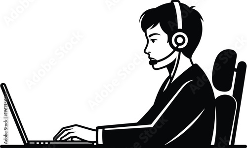 Woman wearing headset working on laptop computer