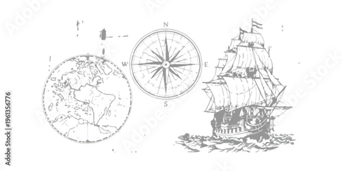 A vintage style illustration featuring a nautical globe a compass rose and a sailing ship vessel Vector, illustration