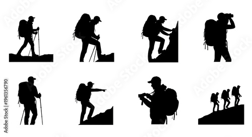 Silhouette Hikers in Various Actions on White Background, hiking, backpacking, trekking