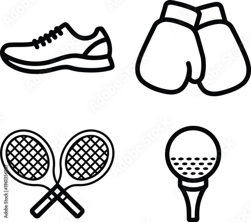Four icons representing sports equipment and attire used in athletic activities