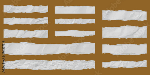 A collection of various isolated white paper strips with torn edges set against a dark brown background Vector, illustration