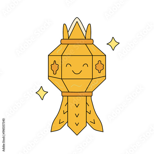 Cute Floating Lantern Cartoon Illustration Thai Festival Sky Lantern Smiling Golden Lamp Vector
