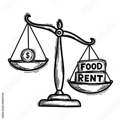 Financial imbalance concept scale with money versus basic needs food and rent poverty cost of living crisis economic inequality vector illustration