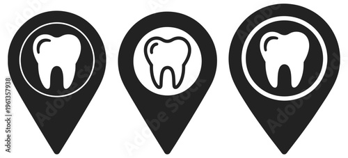 Dental location markers with tooth icons silhouette, clean vector illustration of map pins with tooth symbols, minimal flat design, black and white isolated graphics for dental clinic locations health
