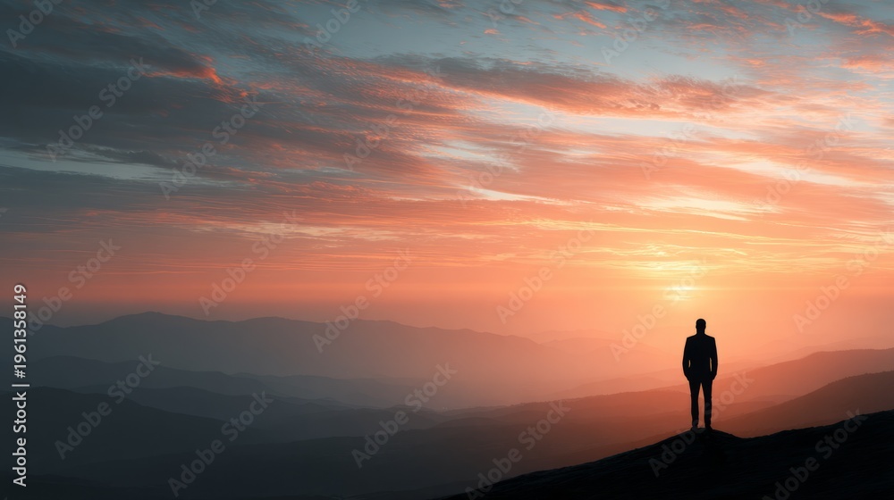 Obraz premium Silhouette of person watching sunset over mountain ranges