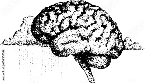 Stippled brain drawing with cloud and rain dot elements in black and white for creative neuroscience background and editorial design