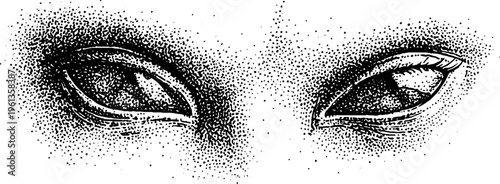 Alien head with elongated eyes black and white stipple drawing for poster background and banner design