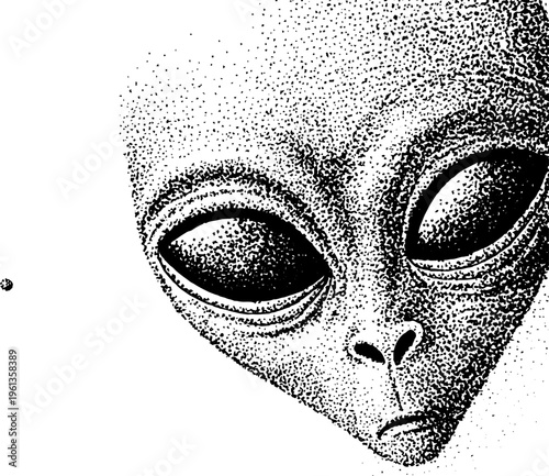 Alien head with elongated eyes stippled black and white portrait showing smooth surface and eerie expression for poster design