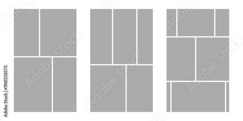 Image collage layout template. Grey mosaic mood board grid collection. Picture frame set. Photo album idea for banner, poster, comic page, flyer, brochure, booklet, memory wall design. Vector pack