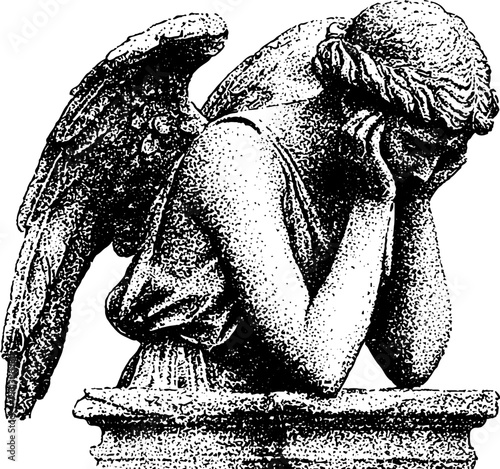 Weeping angel statue with face covered mourning pose black and white stipple drawing for gothic memorial background and poster design