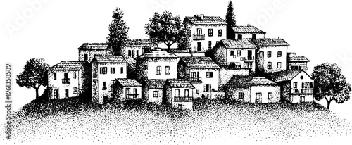 Panoramic hillside village townscape stipple drawing in black and white for architectural layout background and map design