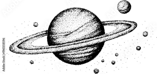 Stippled atom and orbiting electrons model with central nucleus and orbit paths on white background for science poster and educational diagram