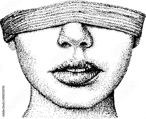 Black and white stippled portrait of face with adhesive bandage blindfold over eyes for poster or editorial background
