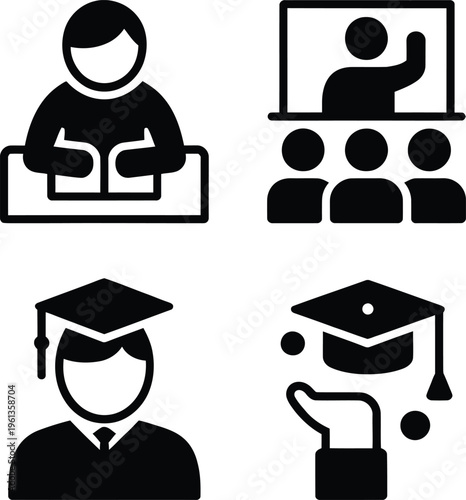 Four icons representing different aspects of academic and educational life