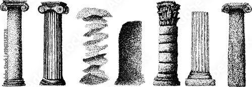 Set of classical architectural columns black and white stipple illustration showing different column styles for design background and educational poster