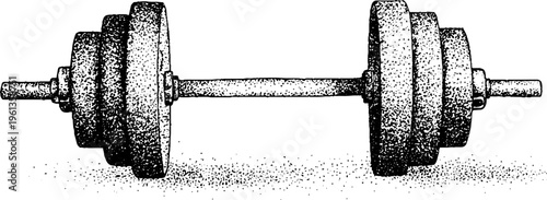 Centered barbell with loaded weight plates black and white stippled illustration for fitness poster and gym background design