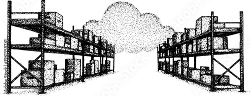 Warehouse racking with stacked boxes black and white stipple illustration showing aisle and storage for logistics background banner design