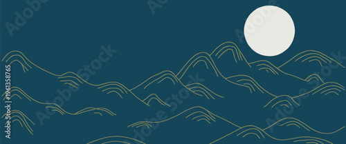 Mountain Landscape Vector Background with Night Mountains and Large Moon on Dark Teal Background in Teal, Navy and Cream Colors, Moody Design for Wallpaper, Poster, Cover and Header