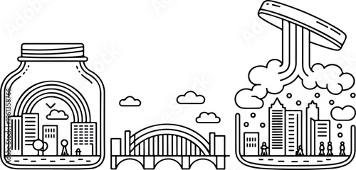 Miniature city in a glass jar with rainbow and bridge illustration vector line art of urban landscape scenes.