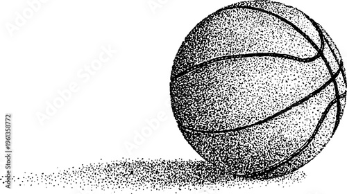 Stippled basketball artwork angled with black and white textured surface and ground shadow for sports poster background