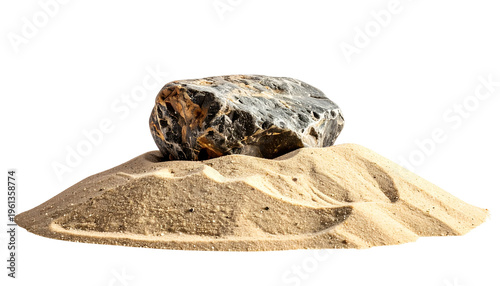 A dark rock sits atop a sandy dune, isolated on a black background