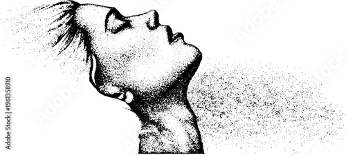 Stippled profile of a woman tilting her head back dissolving into scattered dots in black and white for poster or background design