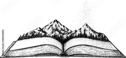 Open book with mountains rising from pages in black and white stippling for landscape wallpaper or design