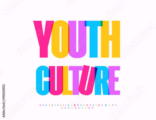 Vector Сreative flyer Youth Culture. Transparent Watercolor Font. Trendy Colorful Alphabet Letters and Numbers set.