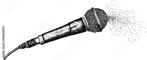 Handheld microphone angled with stippled texture black and white drawing for poster background and music design