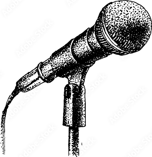 Vintage microphone on stand black and white stippling drawing for poster background and banner design
