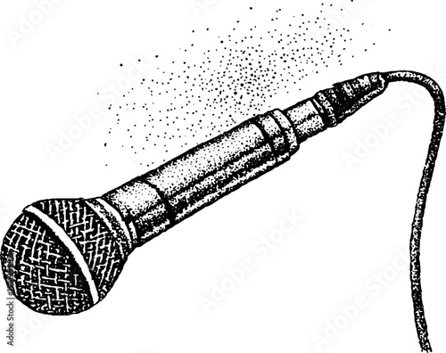 Handheld microphone with cable and stippled shading black and white drawing for music poster background and design