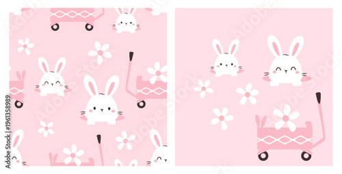 Cute bunny in a burrow floral seamless pattern pastel pink rabbit and garden wagon spring background design.