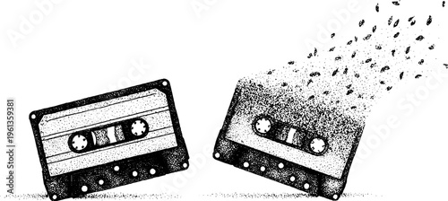 Retro stippled black and white cassette tape reels with one disintegrating into particles for music design and vintage poster artwork