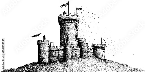 Medieval castle tower with flags black and white stippling drawing for historical background and book cover design